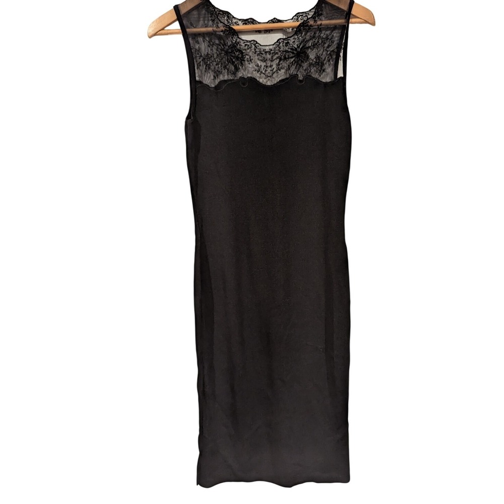 Sleeveless Black Dress Lace Trim Sheer Neckline Bodycon Cocktail Party Chic 90s